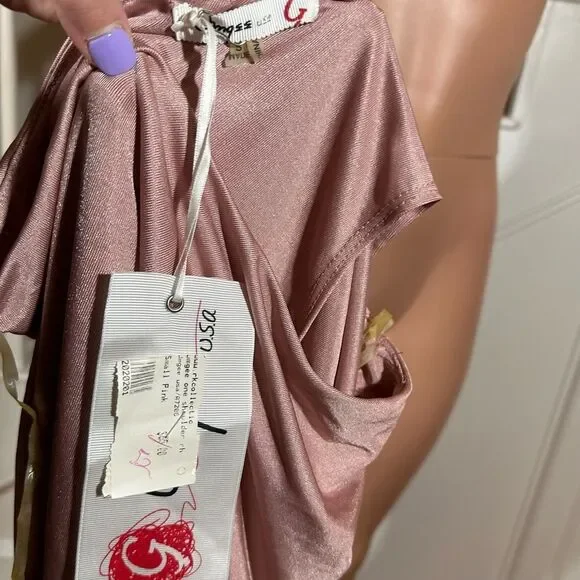 NWT rose pink satin look scrunch ruched one sleeve mini dress - Picture 13 of 13